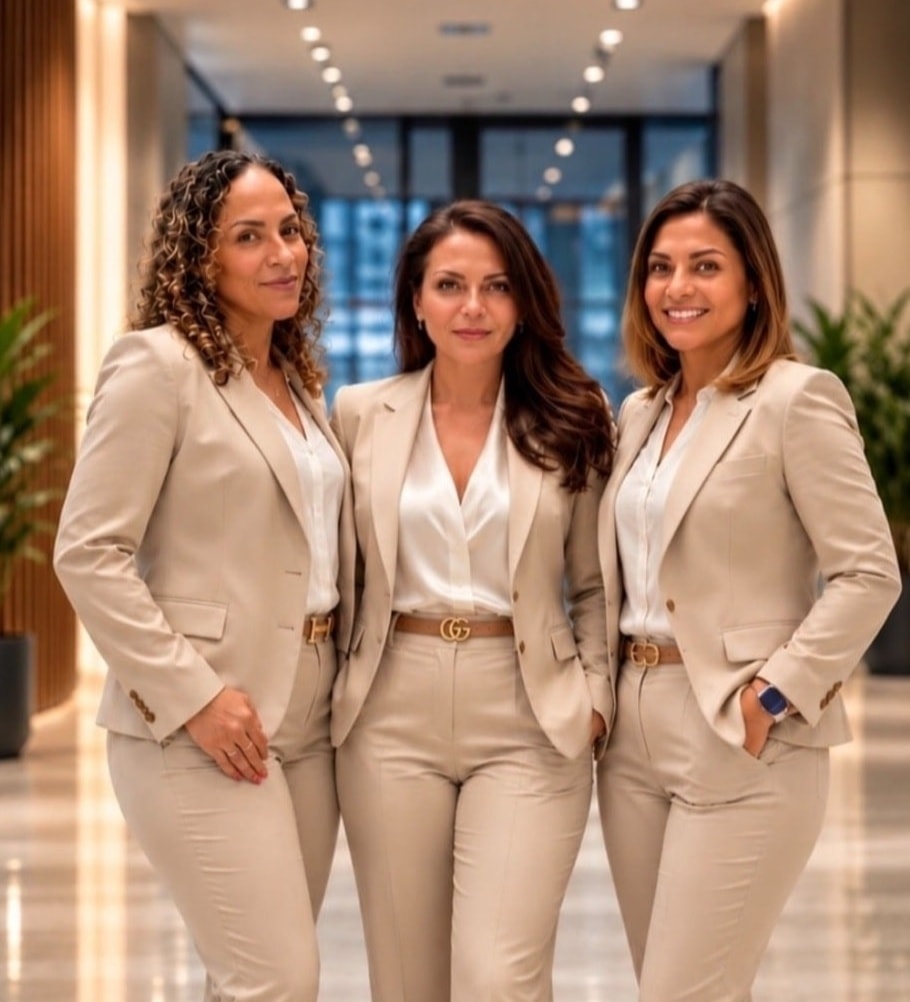 Three businesswomen in modern office corridor